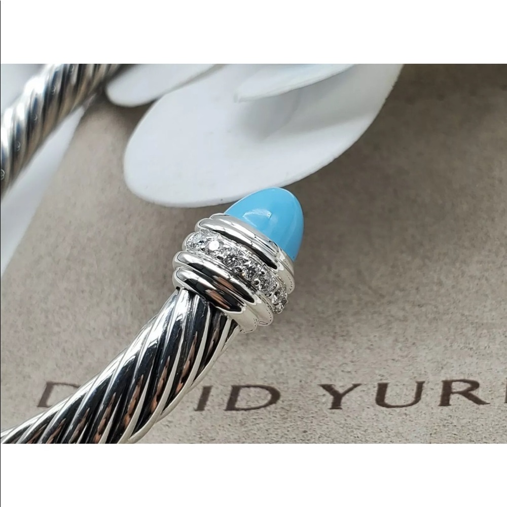 David Yurman Silver Cable Cuff with Turquoise Blue Terminals and Pave Diamonds - Picture 7 of 8
